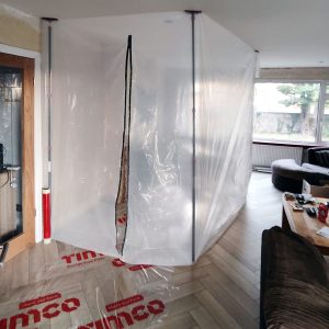 Tent & floor protection helps keep mess to a minimum A tent inside a room to protect the home from mess