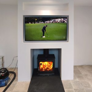 Dundee stove installation with media wall Dundee stove installation with media wall